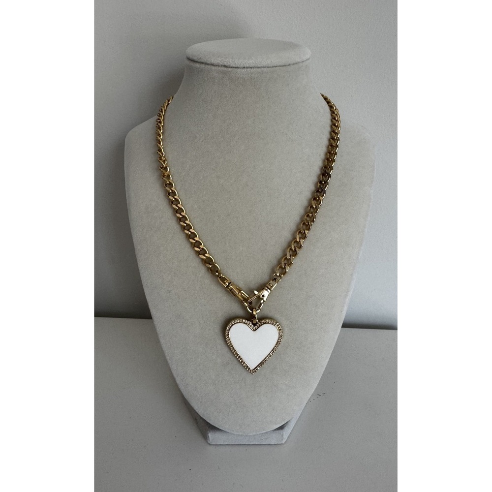 Link Chain w/Heart Rhinestone Pendant Necklace Melania Clara Magnet Clasp 18"